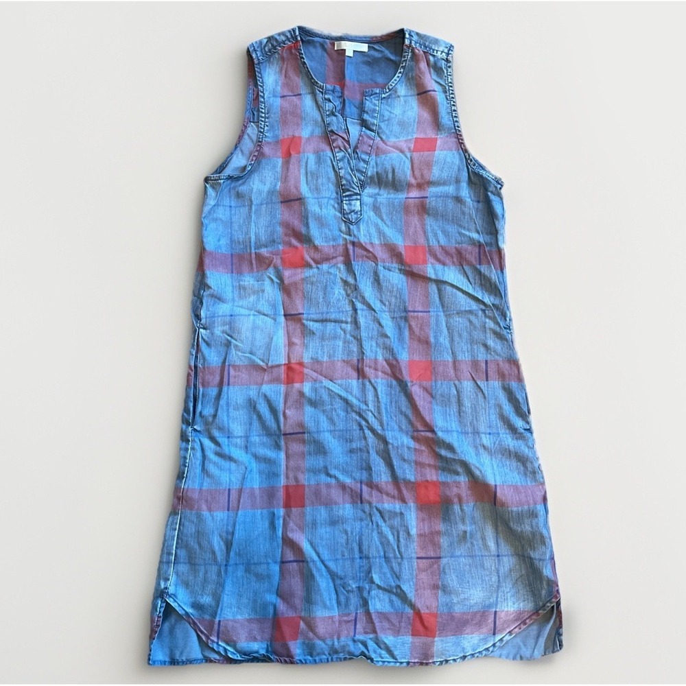 Laju Women's XS Chambray Red Plaid Sleeveless Short Dress Pockets Sundress